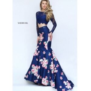 Sherri Hill Navy Floral Lace Evening Gown 2-piece Set 4 Prom Formal Homecoming